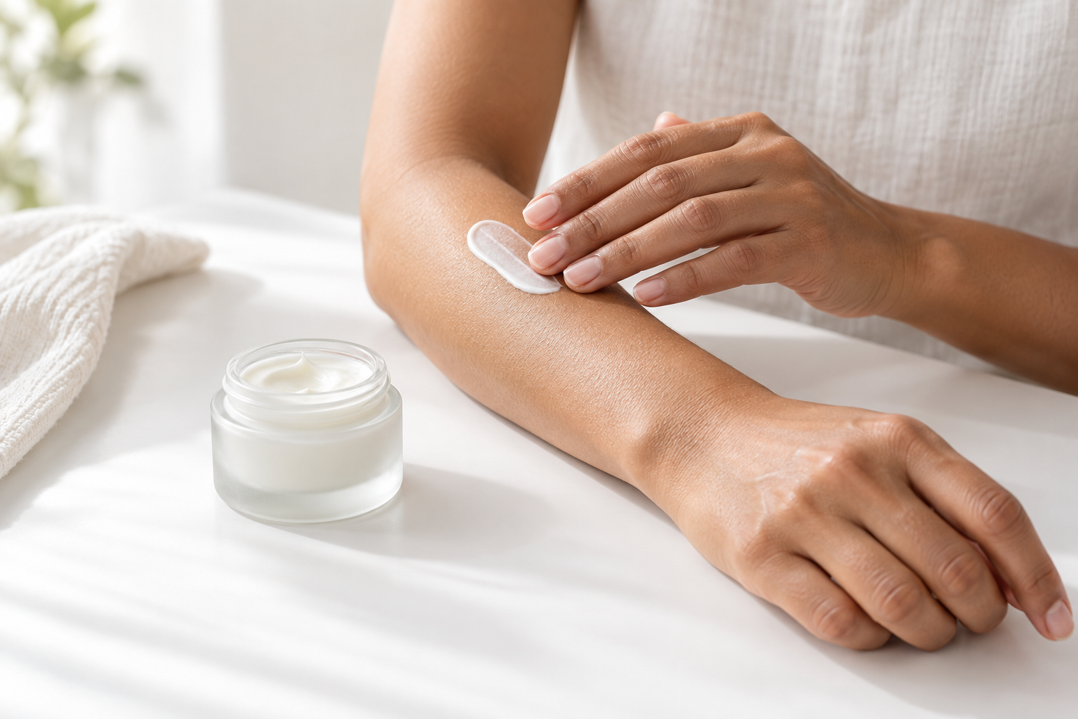 Hands gently applying moisturizer to a forearm beside an open cream jar